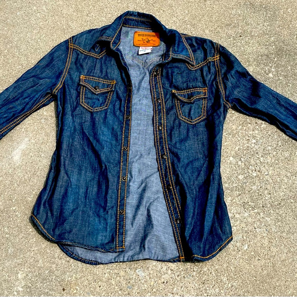 True Religion Georgia Blue Jean Jacket Denim XS. Orange Stitch